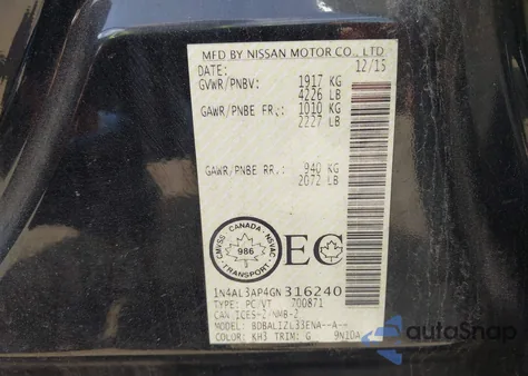 2016 Nissan Altima 2.5/2.5 S/2.5 Sl/2.5 Sr/2.5 Sv from USA, damaged, VIN 1N4AL3AP4GN316240